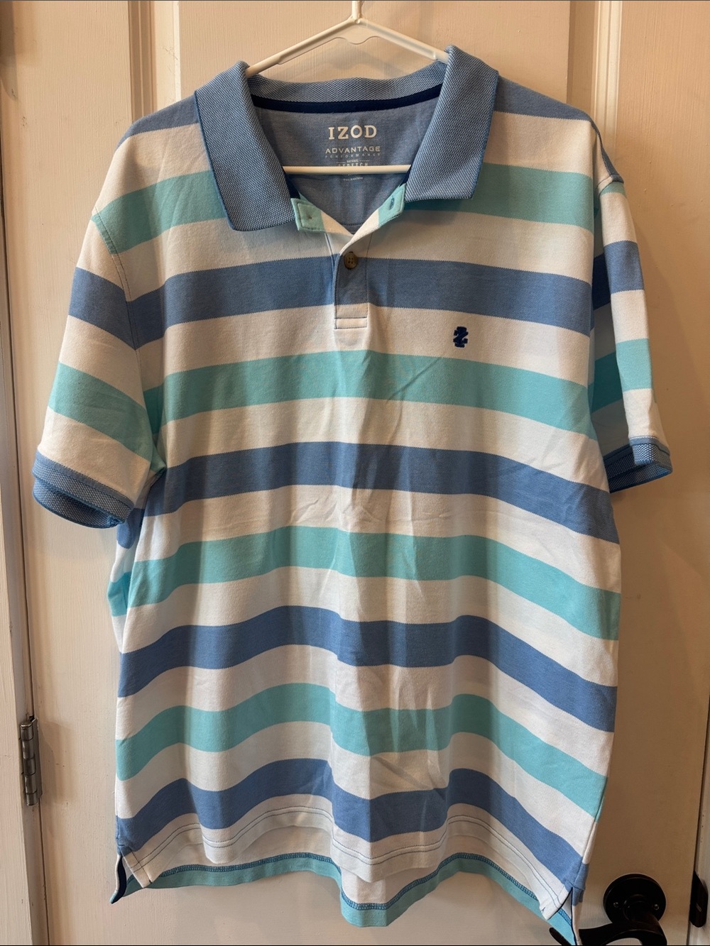 Izod Advantage Performance Men’s Striped Polo in Blue, Aqua & White